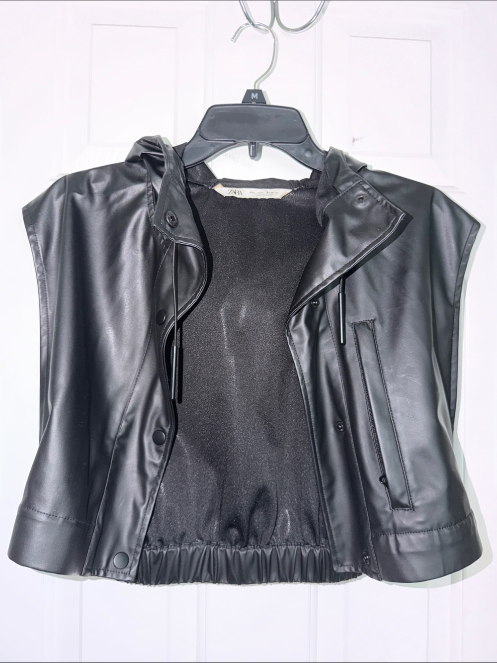 Zara Black Faux Leather Hooded Vest with Elastic Hem
